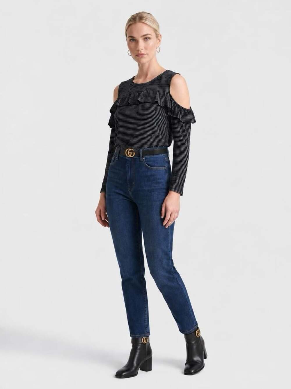 Loft Cold Shoulder Ruffle Top Size M Striped Black White